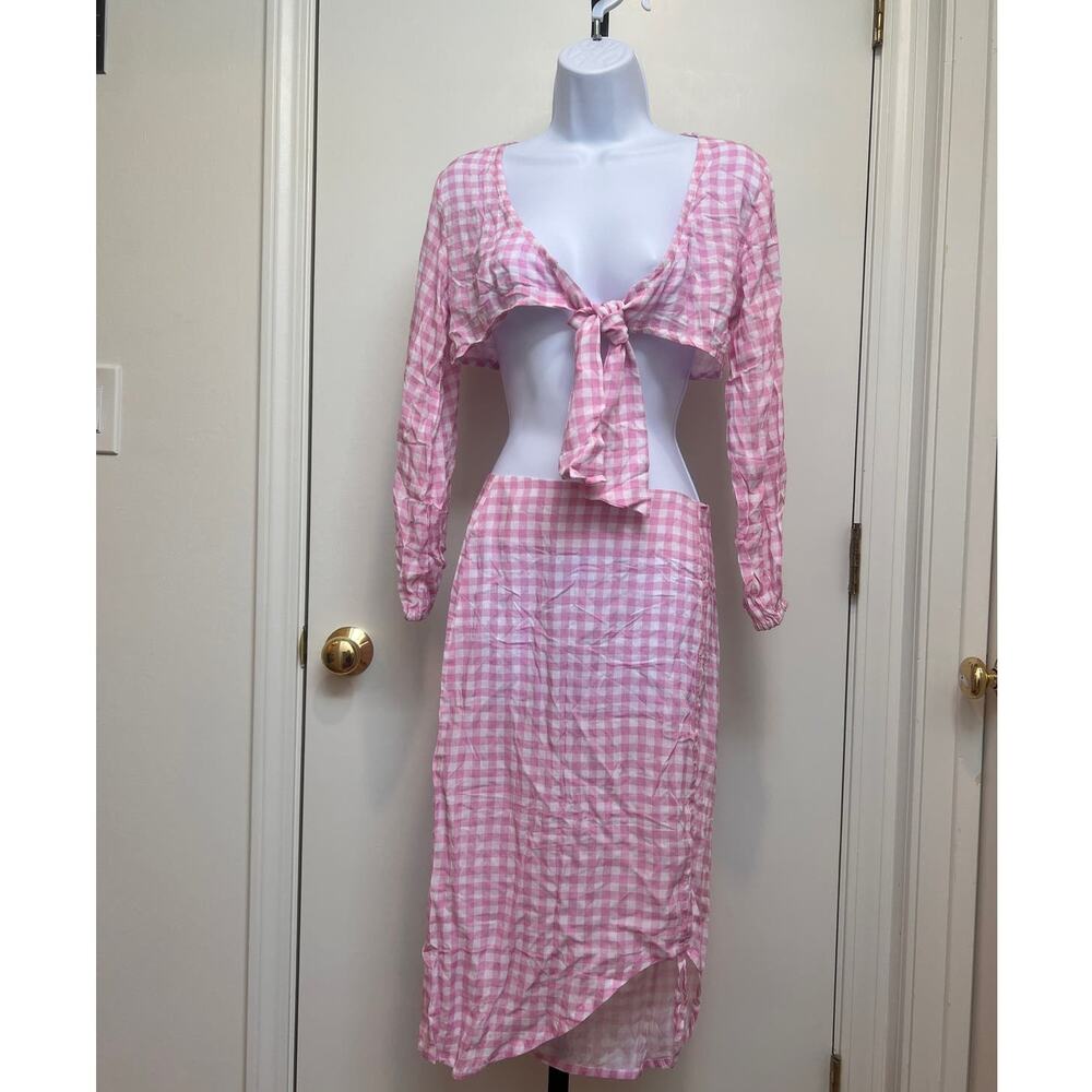 Revolve VDM The Label Jemma Crop Top/Stassie Ruched Skirt Pink Gingham  Sz Sm
